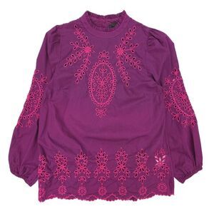 J CREW Mockneck cotton poplin top with embroidered eyelet Purple Preppy Boho